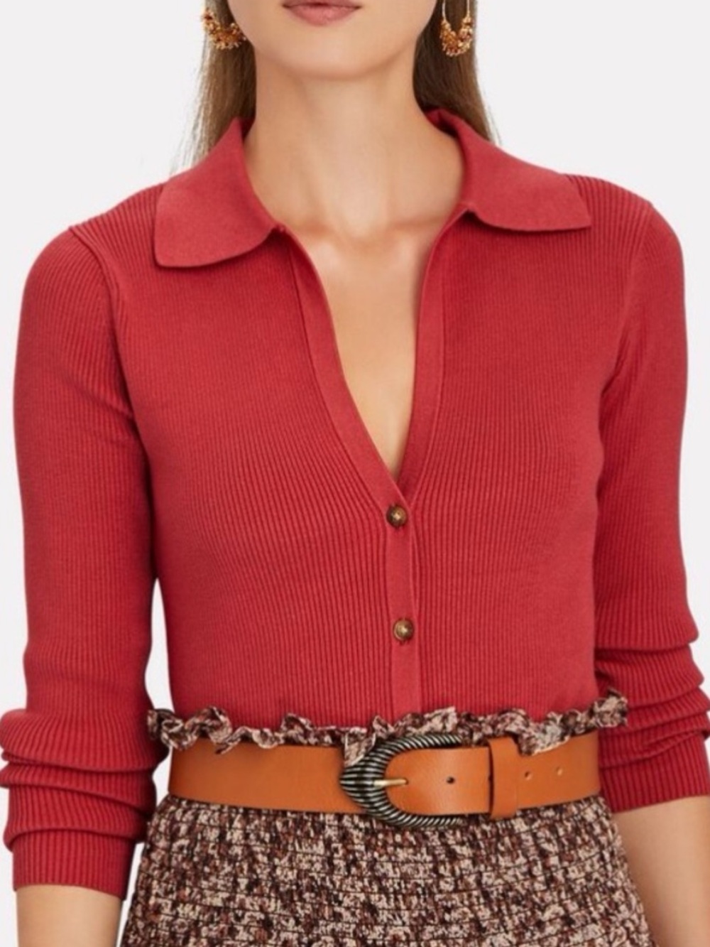 Intermix Audrey Rib Knit Polo Top Sz Small Pink Red Sweater Button Down Cardigan